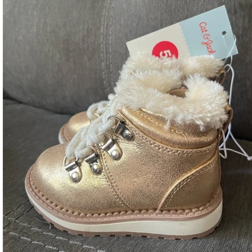 Cat &‎ Jack Girls Sparkly Zip Up Boots Size 5 Gold Faux Fur Winter NWT Toddler